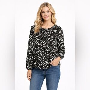 Style & Co | S | 100% Linen Black & Cream Printed Long-Sleeve Peasant Top